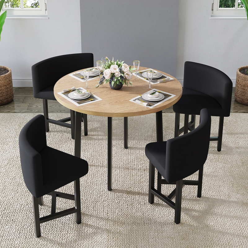 40-inch Round Wooden Dining Table with Black Upholstered Chairs