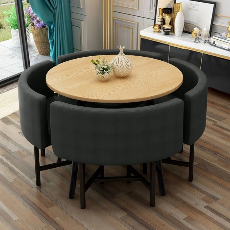 40-Inch Round Wooden Dining Table with Gray Upholstered Chairs