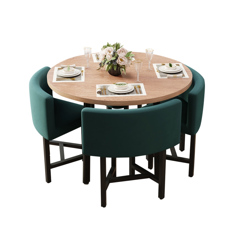 40-Inch Round Wooden Dining Table with Green Upholstered Chairs
