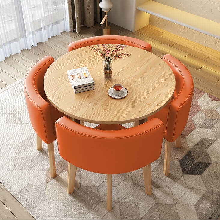 40-Inch Round Wooden Dining Table with Orange Chairs