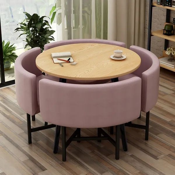 40" Round Wooden Nesting Dining Table Set for 4 Green Upholstered ...