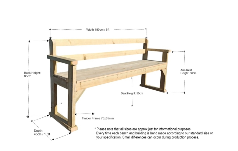 6FT Heavy Duty Timber Garden Bench with Armrests