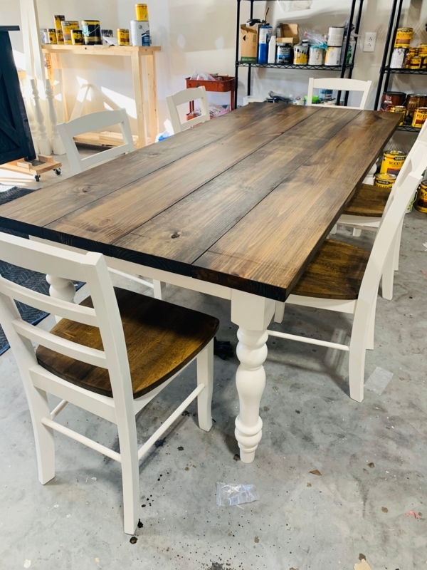 7ft Dark Walnut Farmhouse Dining Table with White Legs