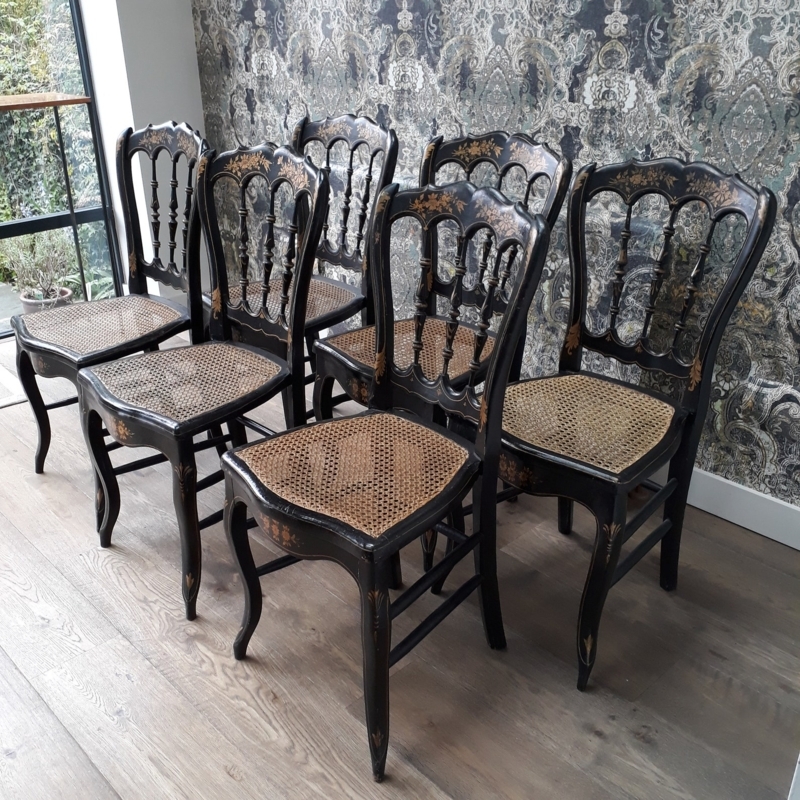 Antique Black Ebonised Cane Seated Dining Chairs Set