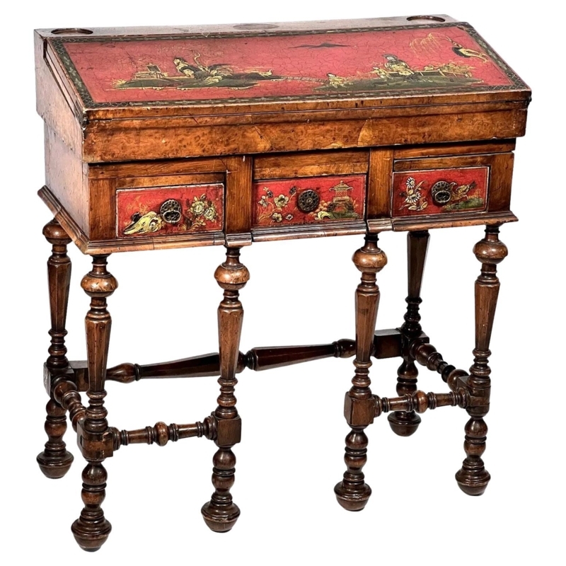 Antique Carved Japanese Writing Desk with Red Lacquer