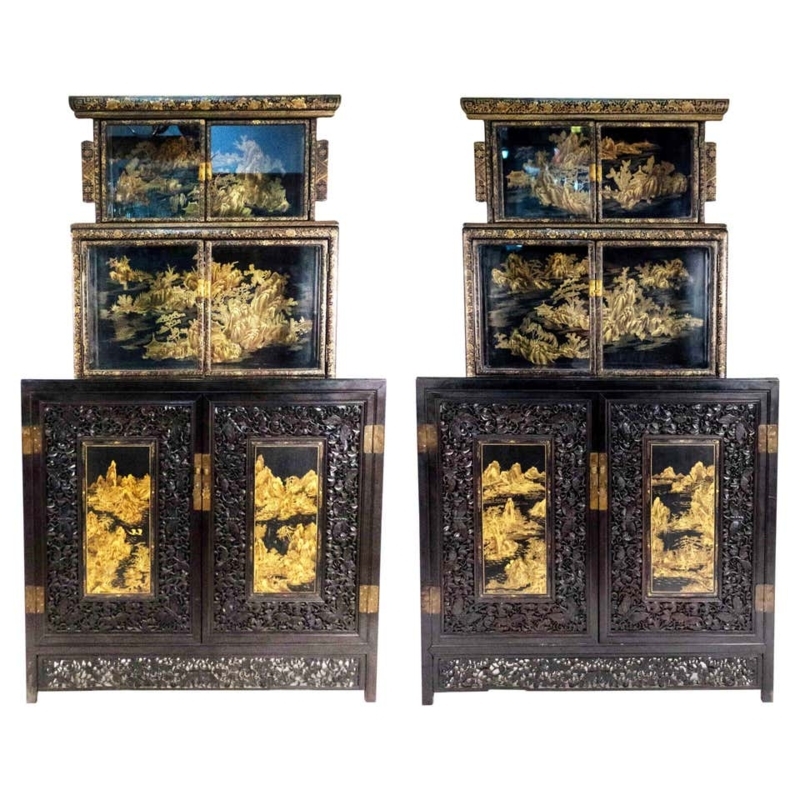 Antique Chinese Black Lacquer Corner Cabinet with Soapstone