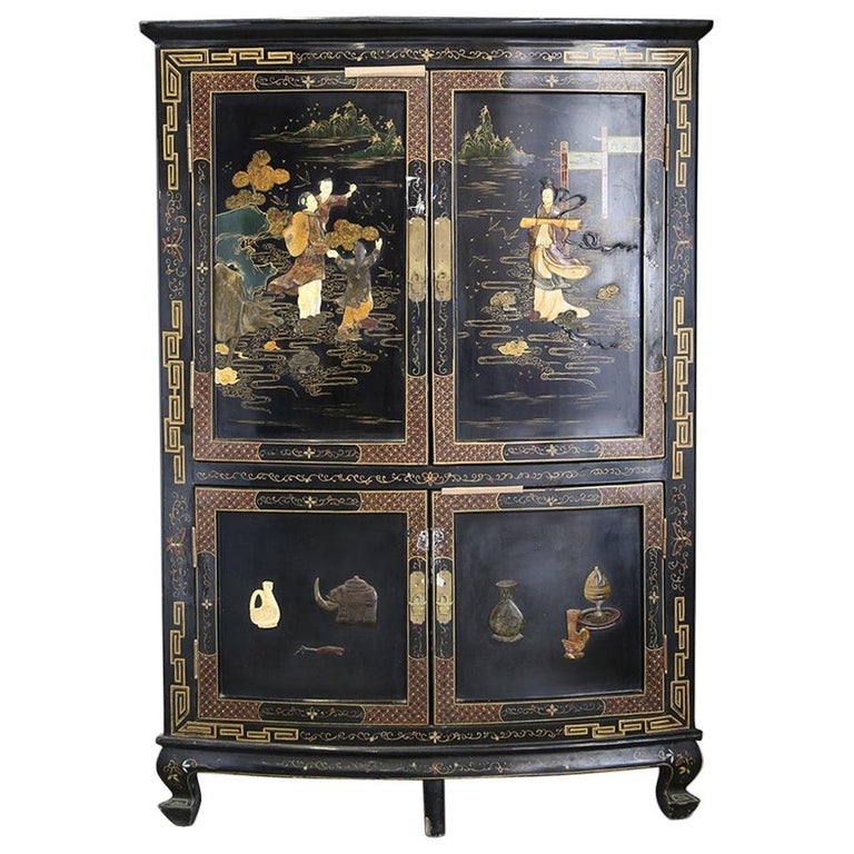 Antique Chinese Black Lacquer Corner Cabinet with Soapstone