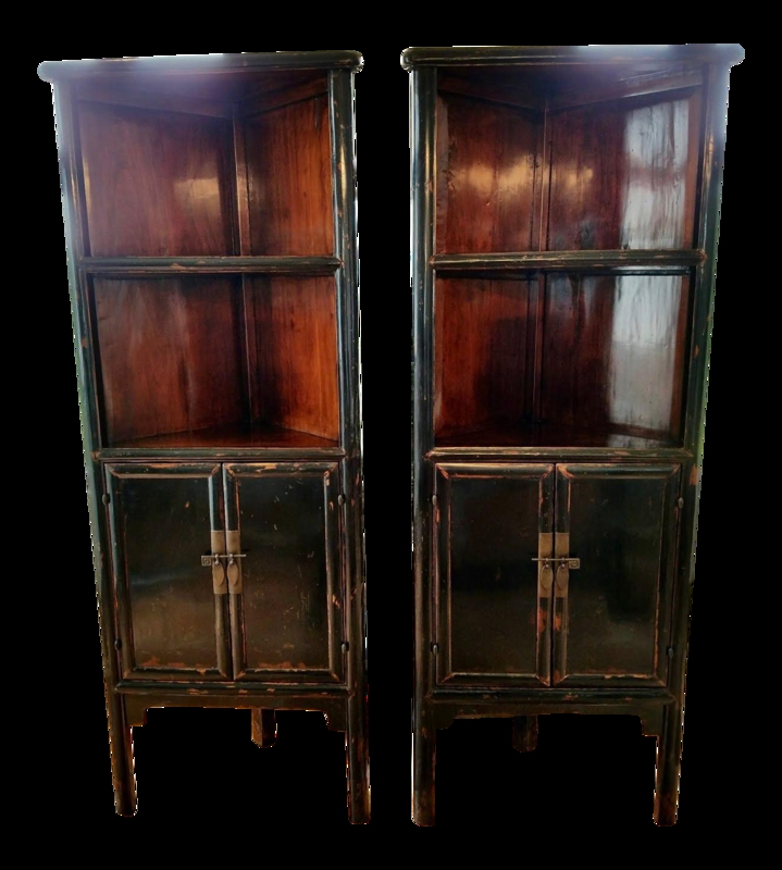 Antique Chinese Black Lacquer Corner Cabinets Pair