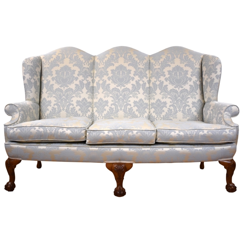 Antique English Queen Anne Style Damask Upholstered Couch