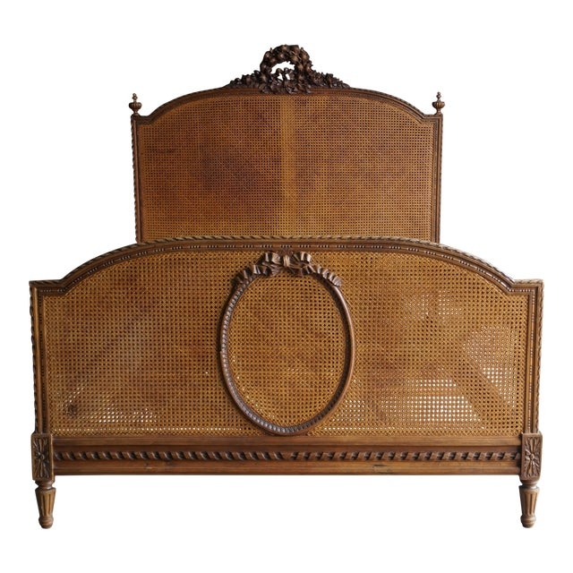 Antique French Cane Full Bed with Carved Wood