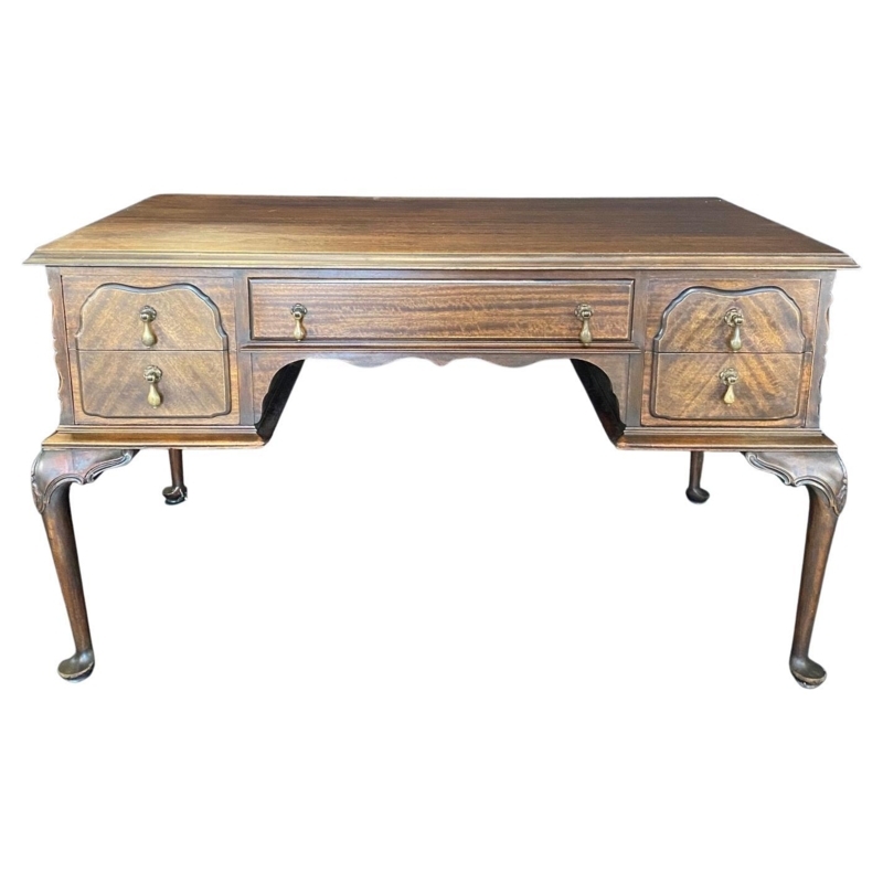 Antique French Country Wooden Desk with Brass Handles