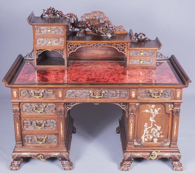 Antique Japanese Style Pedestal Desk with Dragon Carvings