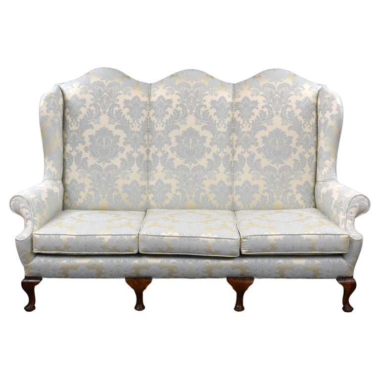 Antique Queen Anne Style Wingback Sofa with Damask Upholstery