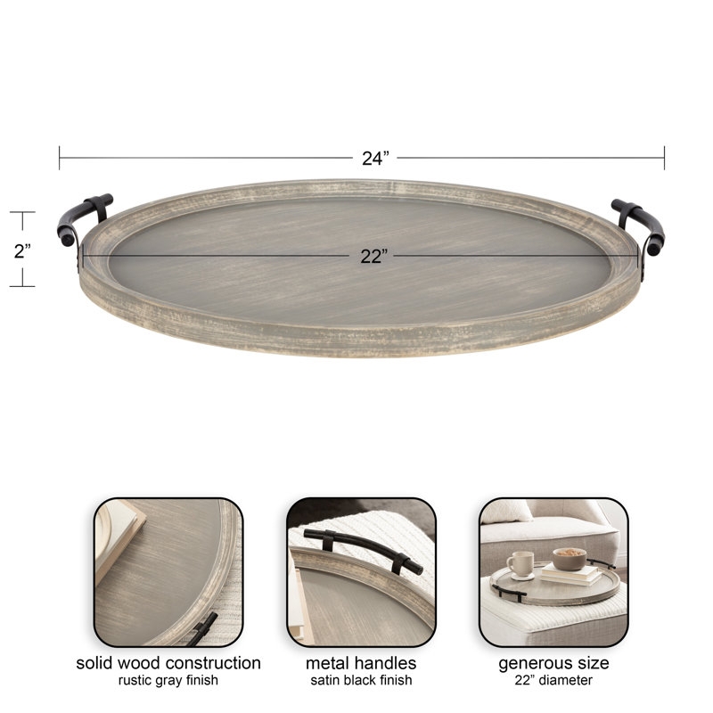 August Grove Large Round Wood Ottoman Tray with Handles