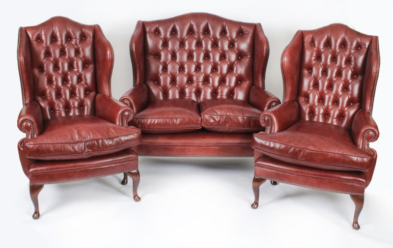 Bespoke English Leather Queen Anne Sofa & Pair Armchairs Chestnut ...