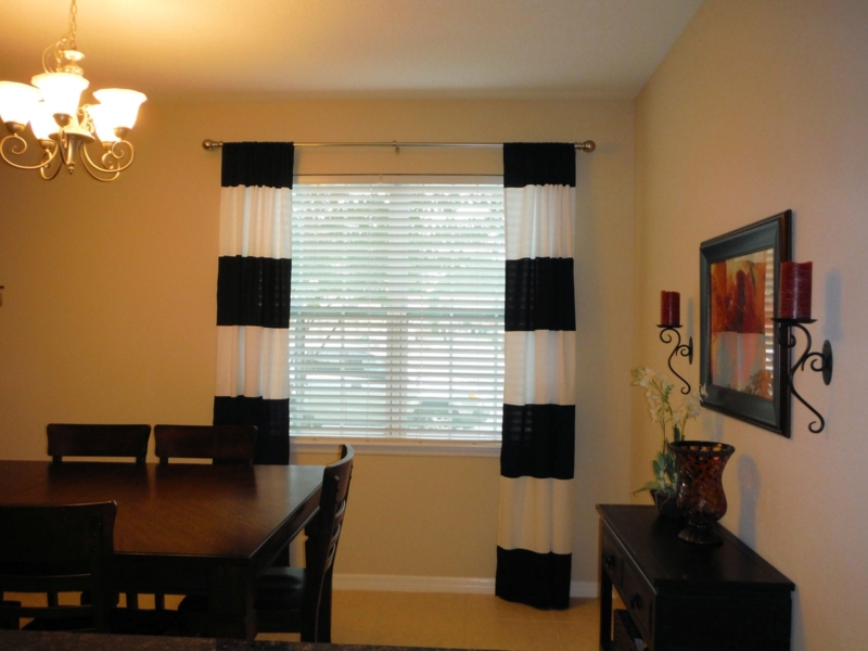 Black and White Horizontal Stripe Curtains in Dining Room