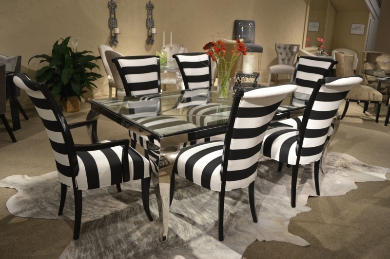Black and White Striped Dining Chairs with Glass Table