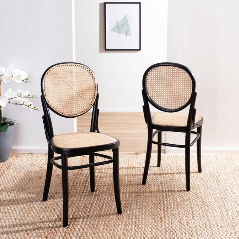 Black Cane Dining Chairs with Natural Weave