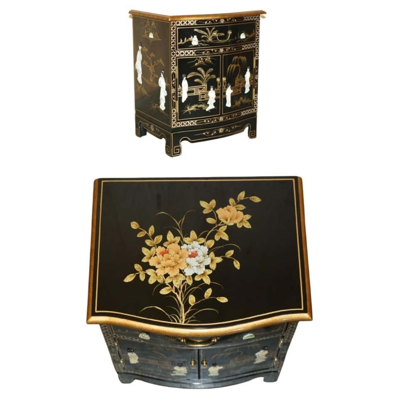 Black Lacquer Chinese Corner Cabinet with Floral Design