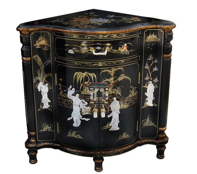 Black Lacquered Chinese Corner Cabinet with Mother of Pearl