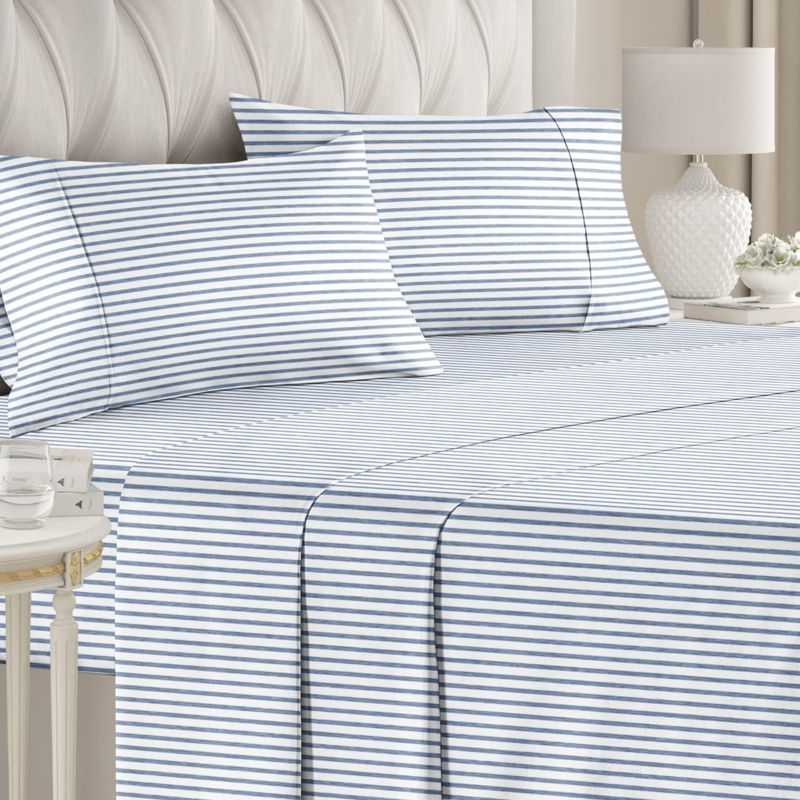 Blue and White Pinstriped Bed Sheets