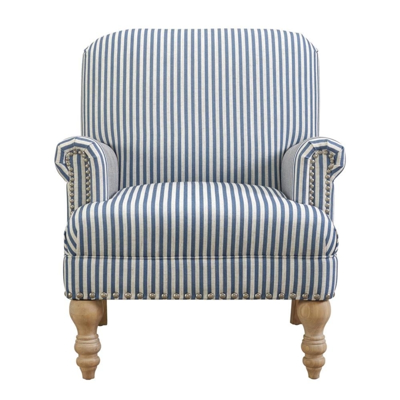 Blue and White Striped Accent Chair with Wooden Legs