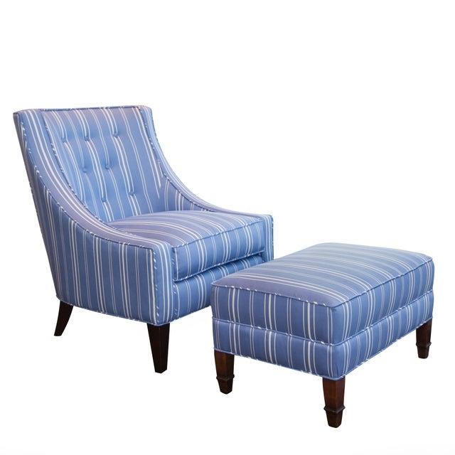Blue and White Striped Lounge Chair with Ottoman