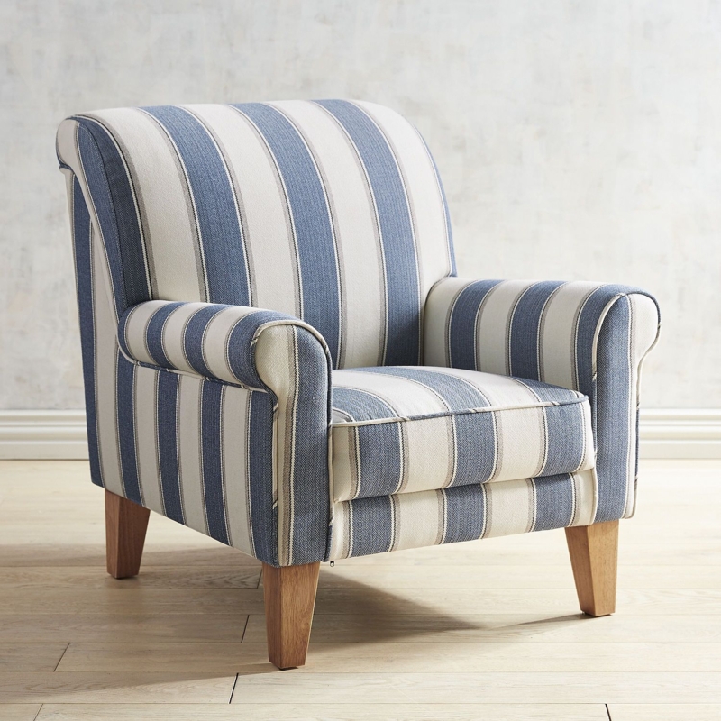 Blue and White Striped Rolled Armchair with Wooden Legs
