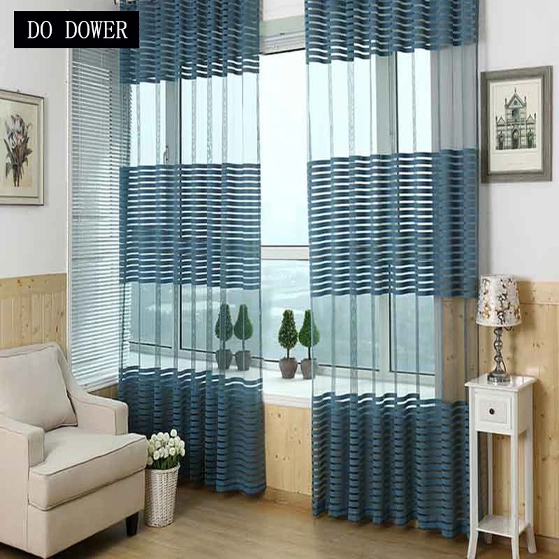 Blue Horizontal Striped Sheer Curtains for Living Room
