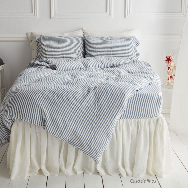 Blue Striped Washed Linen Bedding Set