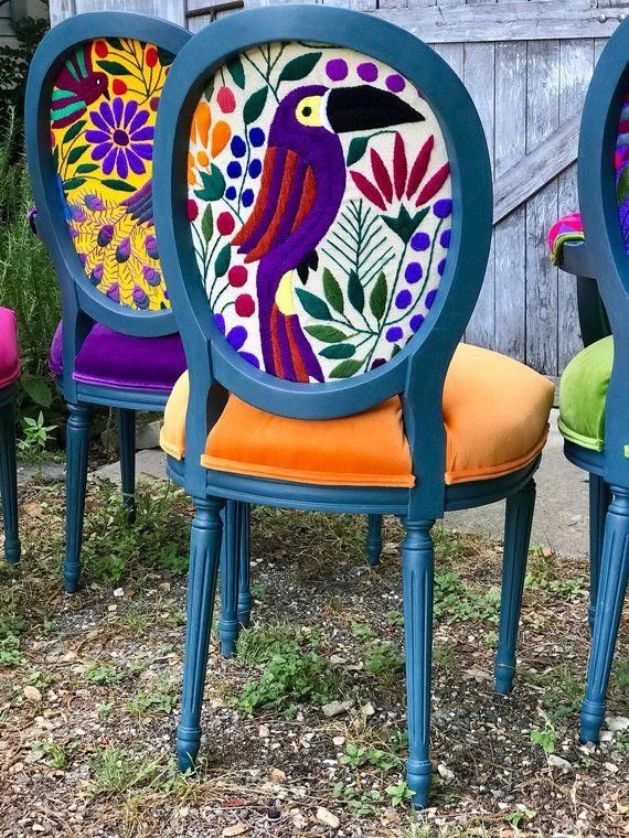 Boho Reupholstered Dining Chairs with Colorful Embroidery