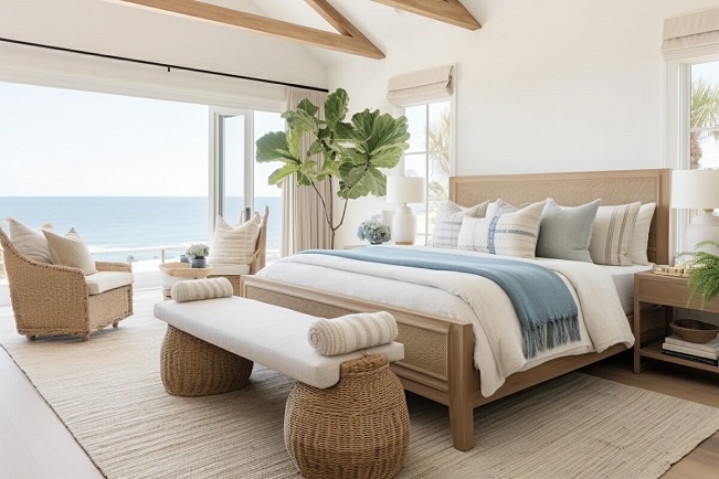 Bright Coastal Bedroom with Natural Textures and Ocean View