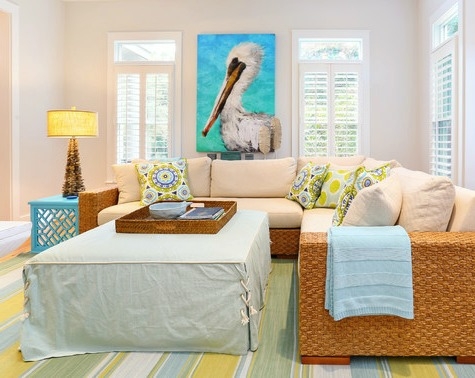 Bright Coastal Living Room with Nautical Ottomans
