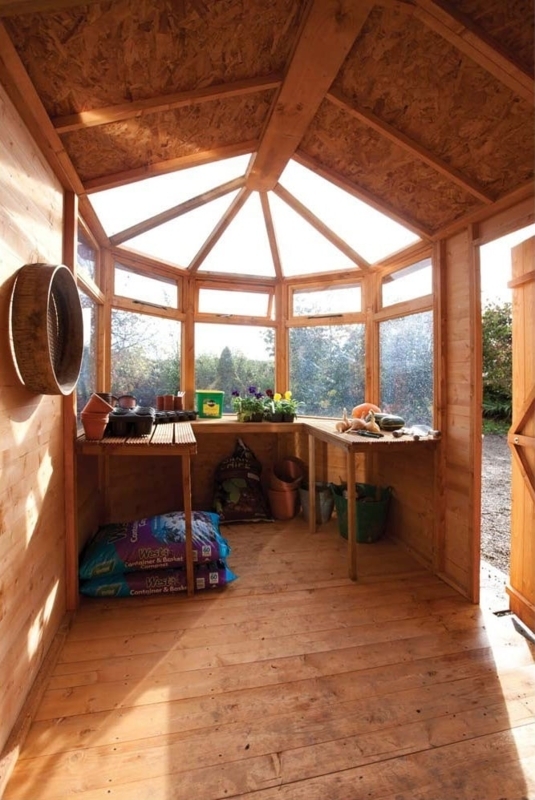 Bright Wooden Greenhouse She Shed Interior Design