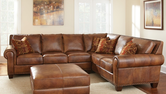 Caramel Brown Leather Sectional Sofa with Accent Pillows