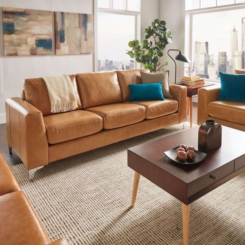 Caramel Brown Leather Sofa in Modern Living Room