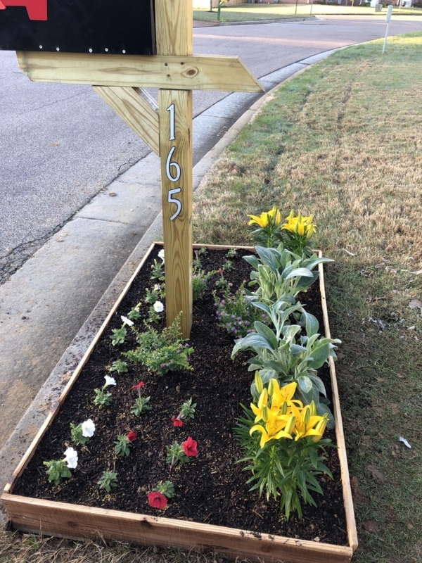 Cedar Mailbox Post with Flower Bed Landscaping