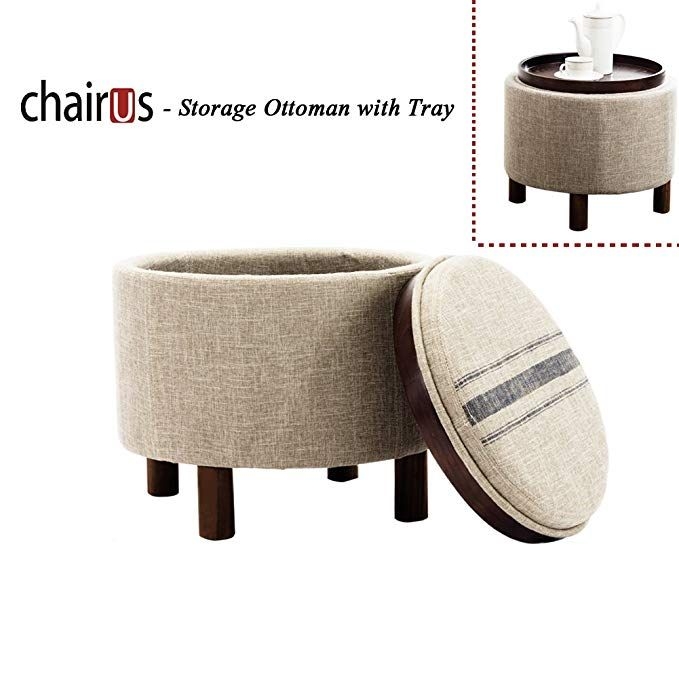Chairus Round Storage Ottoman with Tray and Footrest