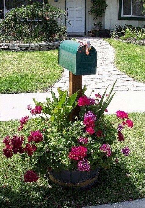 Charming Green Mailbox with Floral Planter Base