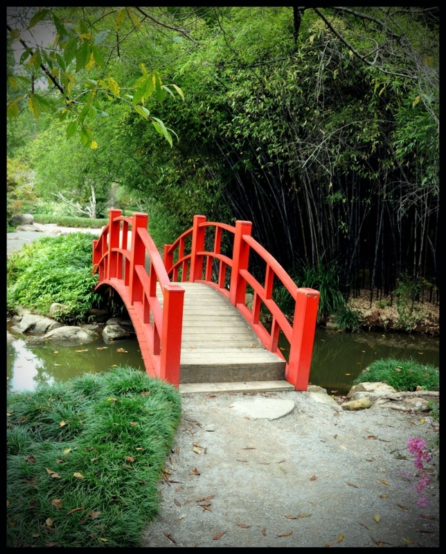 Charming Red Arched Japanese Garden Bridge Design