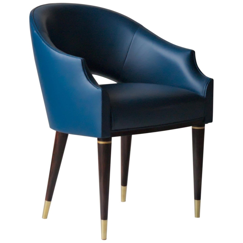 Classic Blue Leather Midcentury Dining Armchair