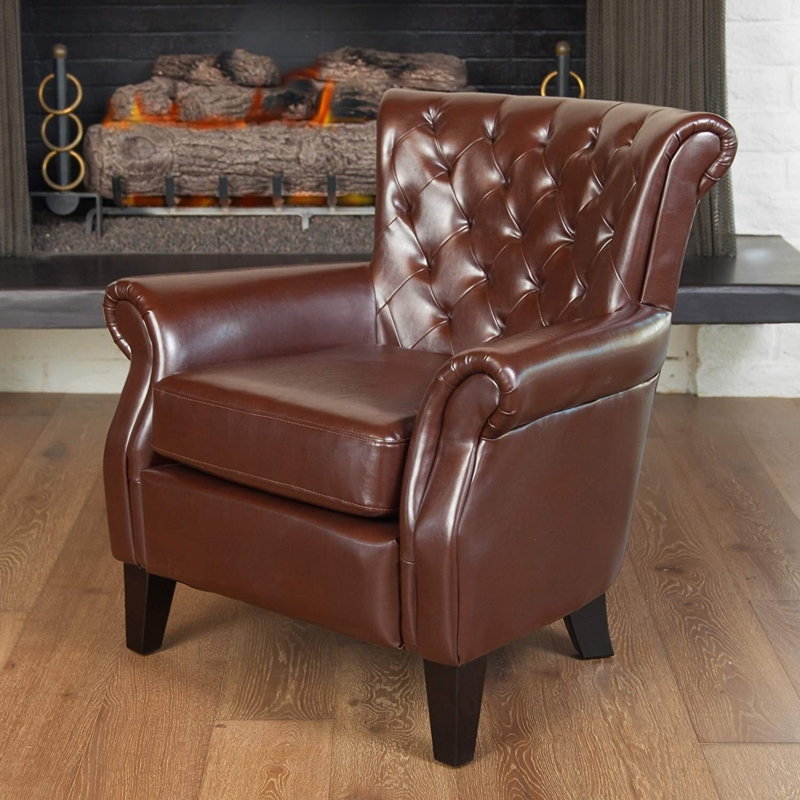 Classic Brown Leather Cigar Lounge Chair by Fireplace