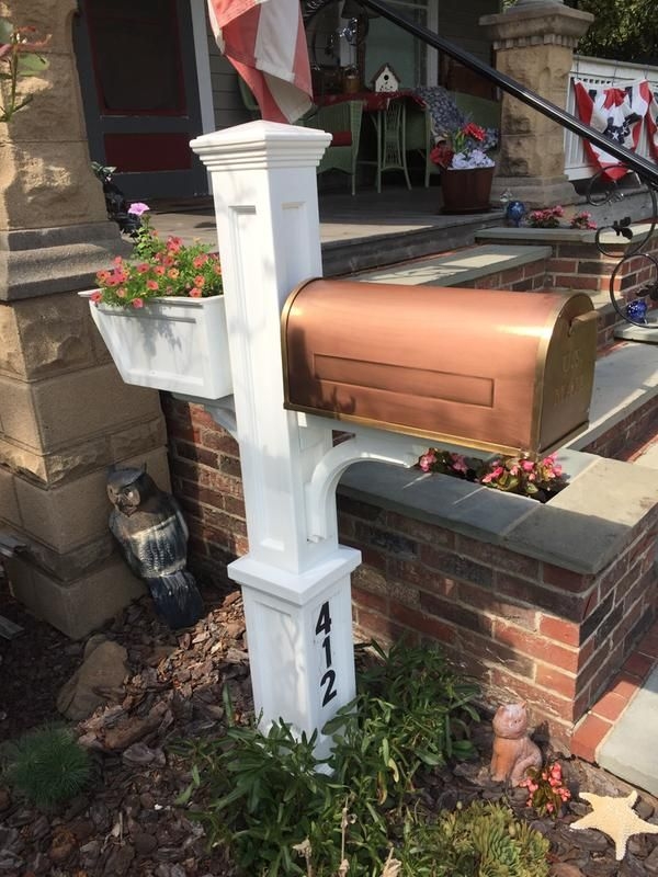Classic Copper Mailbox with White Post and Flower Box