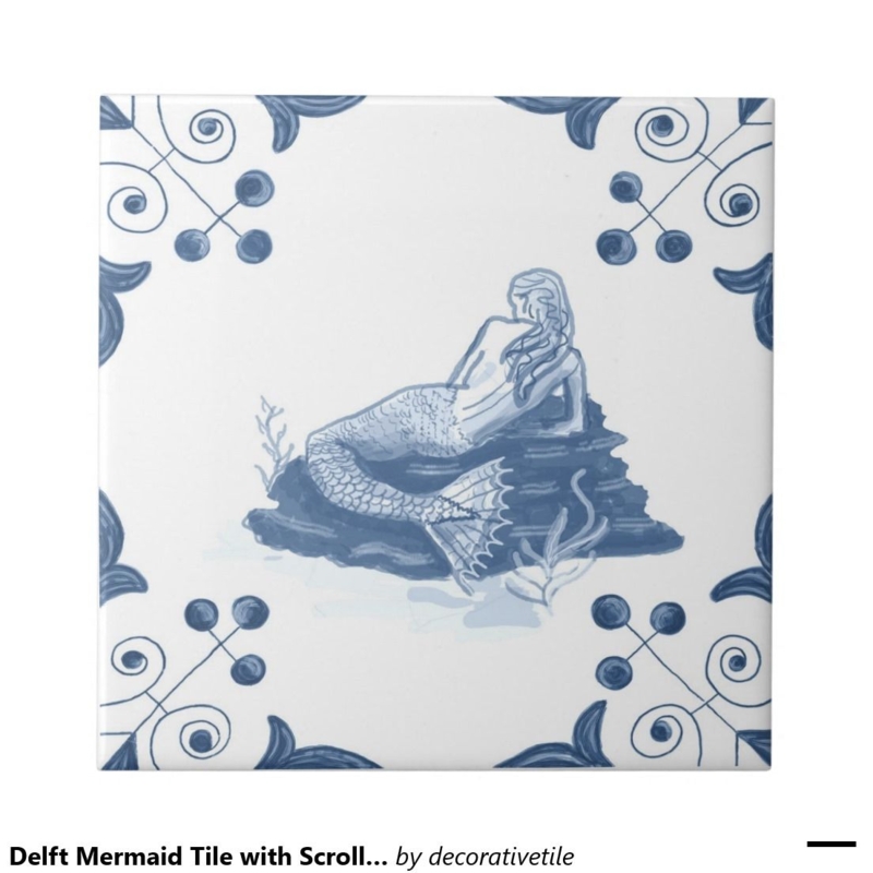 Classic Delft Blue Mermaid Ceramic Tile Design