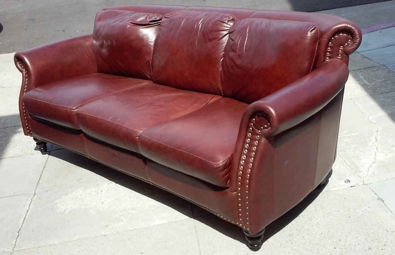 Classic Maroon Leather Three-Seater Sofa
