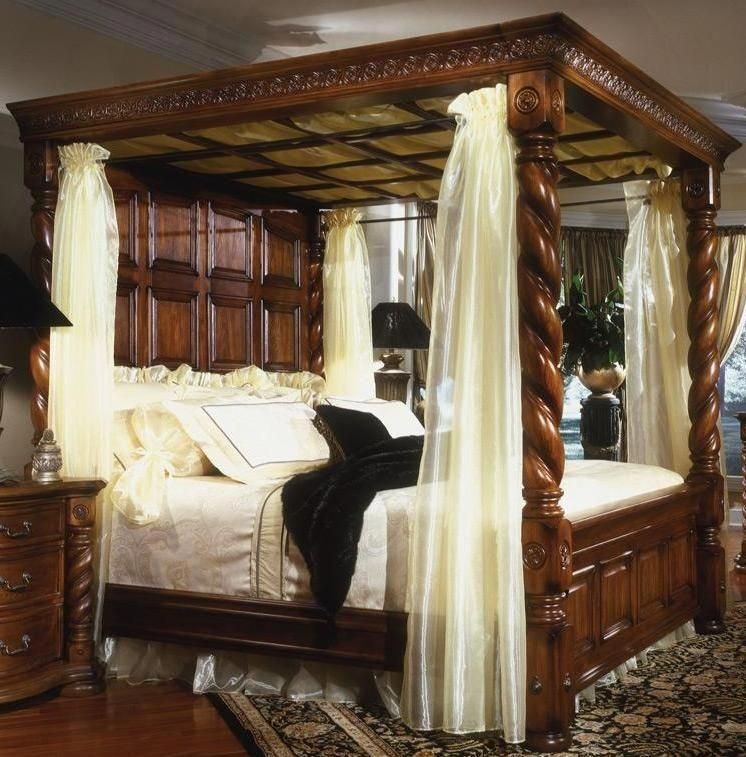 Classic Wooden Canopy Bed with Sheer Curtains