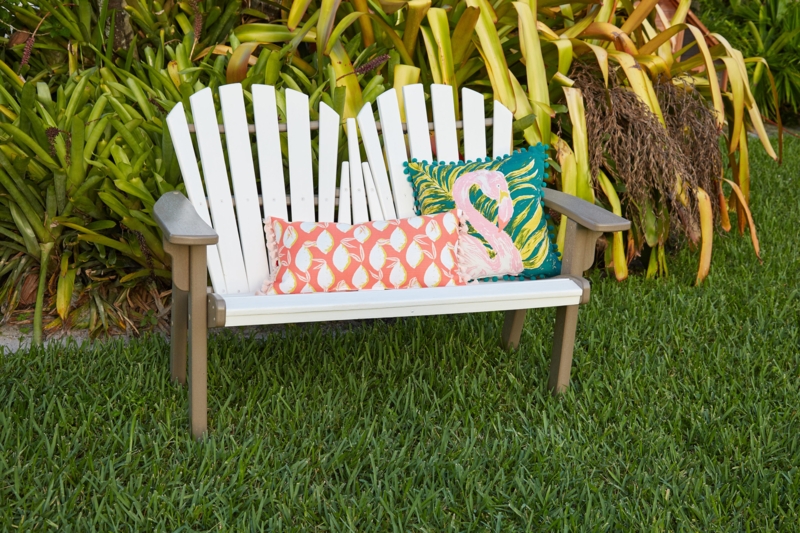 Coastal Adirondack Bench with Tropical Accent Pillows