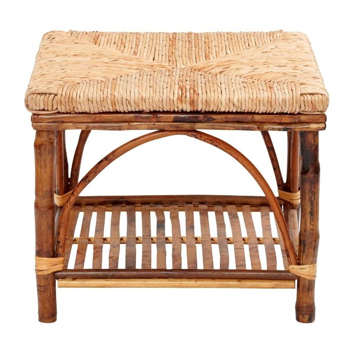 Coastal Bamboo Rattan Ottoman with Storage Shelf