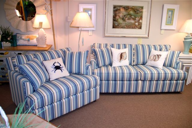 Coastal Blue and White Striped Sofa and Chair Set