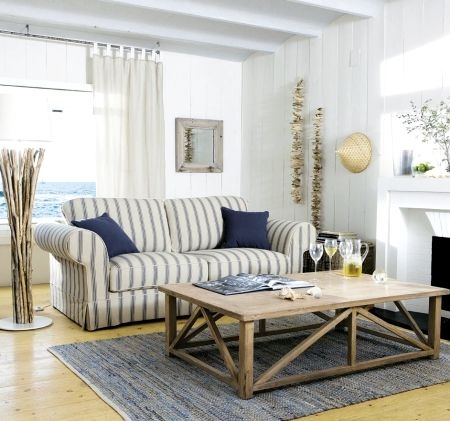 Coastal Blue and White Striped Sofa Living Room
